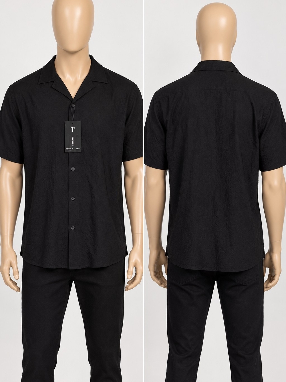 Denim & Flower Men's Black Short-Sleeve Button-Down Camp Shirt